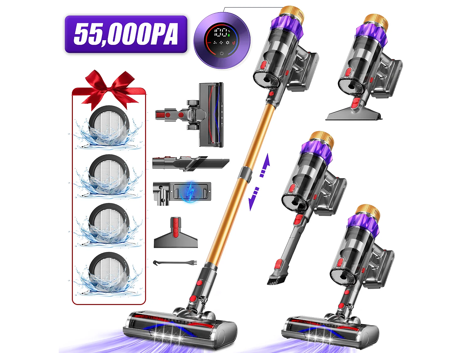 Aspirateur Balai, 55000Pa/550 W, Autonomie Jusqu'à 70 Min, 2200mAh, Grande Capacité de 1,8 L