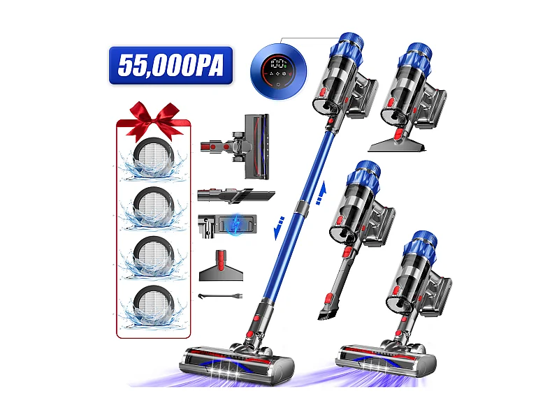 Aspirateur Balai sans Fil,55000 Pa/550 W,Aspirateur sans Fil Autonomie Jusqu'à 70 Min,Système de Filtration à 7 Niveaux,Grande Capacité de 1,8 L Or