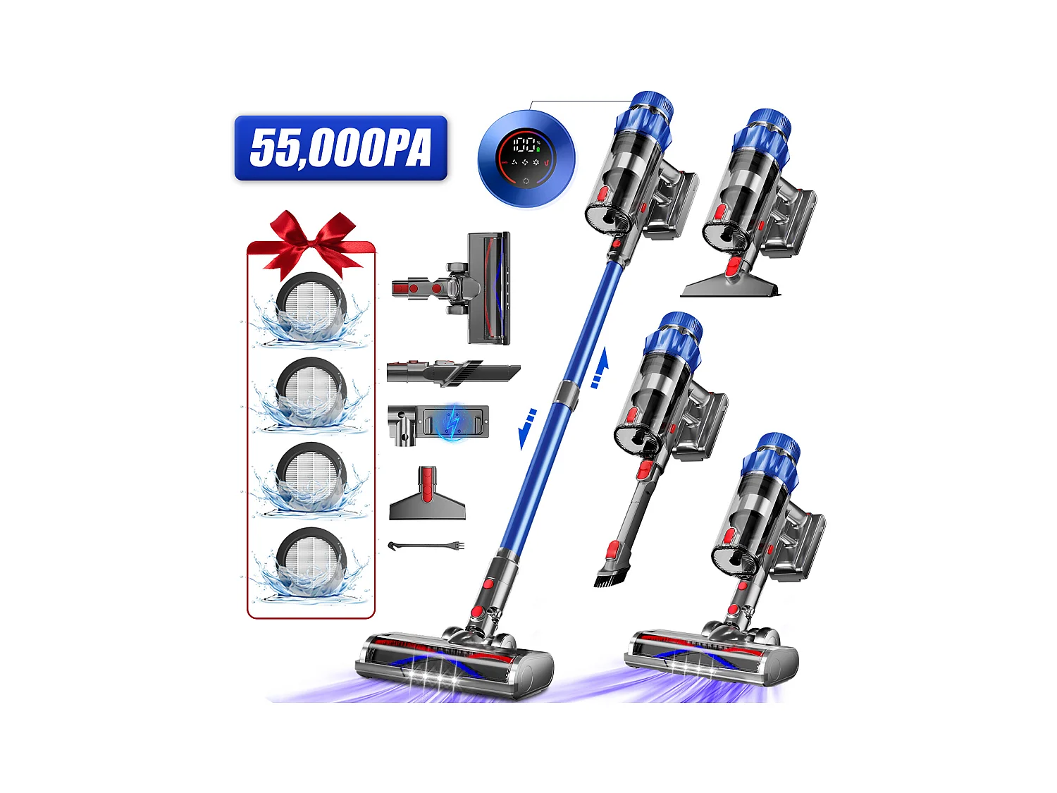 Aspirateur Balai sans Fil,55000 Pa/550 W,Aspirateur sans Fil Autonomie Jusqu'à 70 Min,Système de Filtration à 7 Niveaux,Grande Capacité de 1,8 L Or