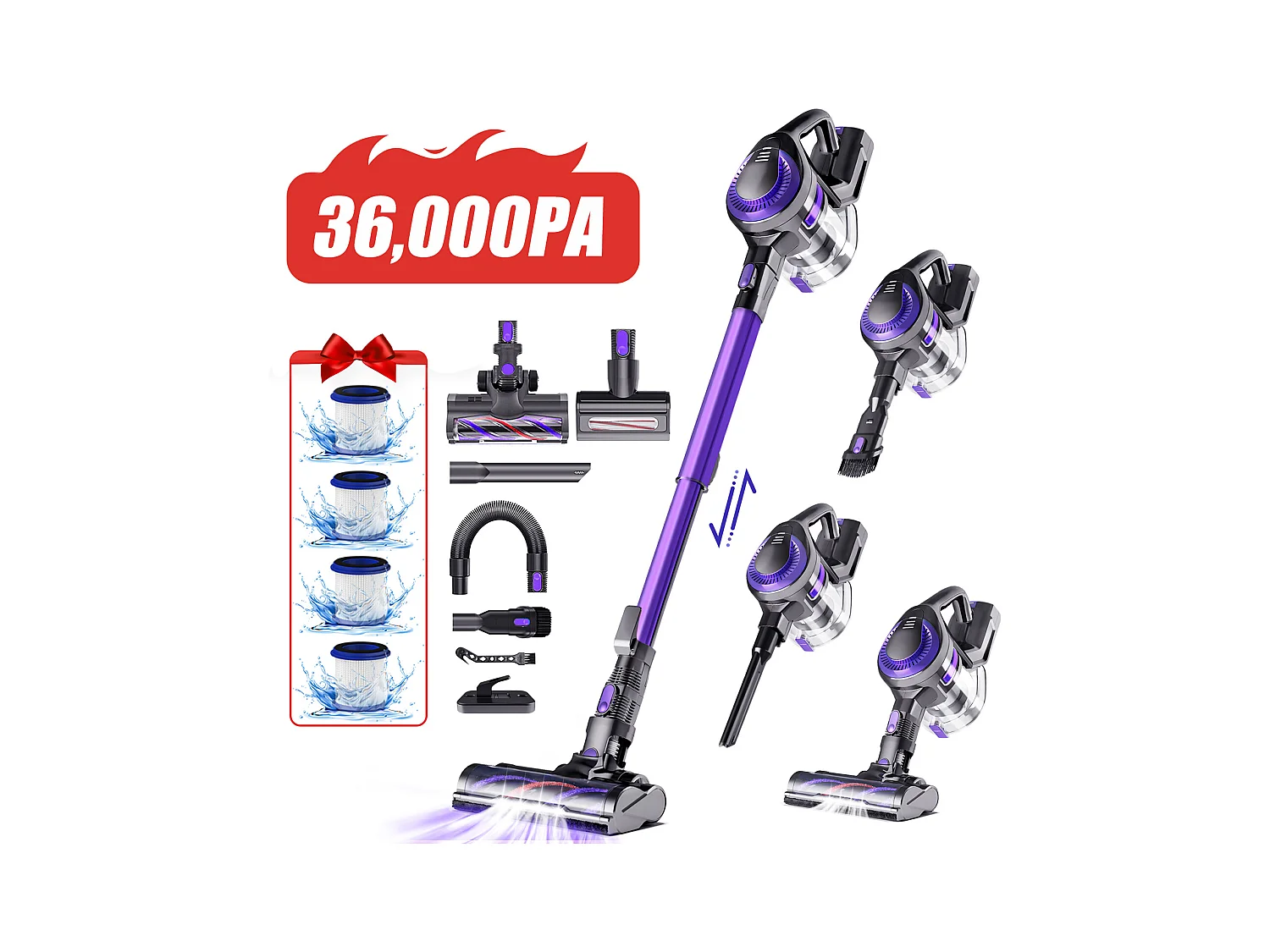 Aspirateur Balai 520W, 2500mah*8, 50 Min Autonomie, 36000pa Puissant 4 en 1, Lumière LED, Capacité 1.3L, Sols Durs, Poils d'Animaux et Poussière