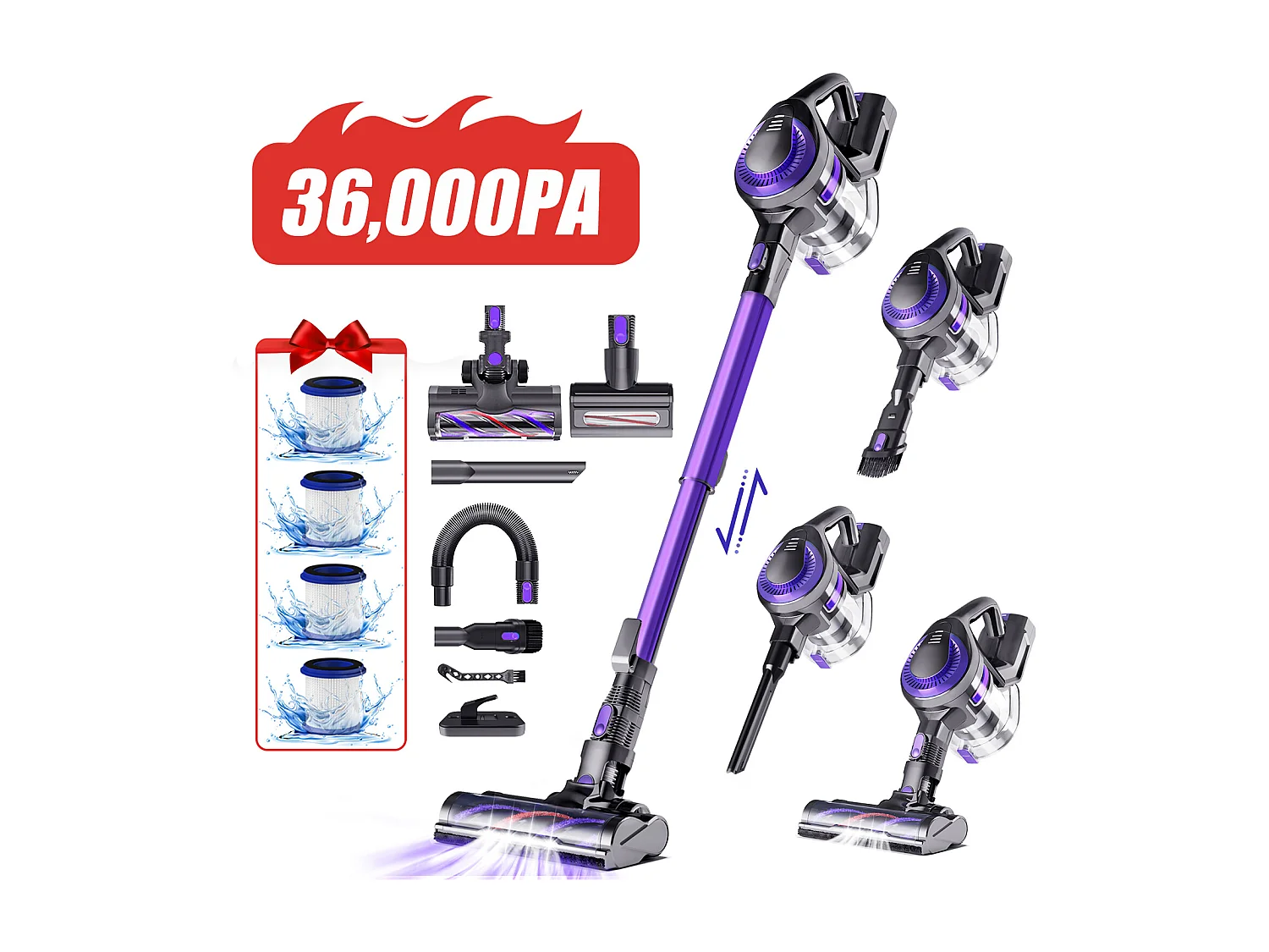 Aspirateur Balai 520W, 2500mah*8, 50 Min Autonomie, 36000pa Puissant 4 en 1, Lumière LED, Capacité 1.3L, Sols Durs, Poils d'Animaux et Poussière