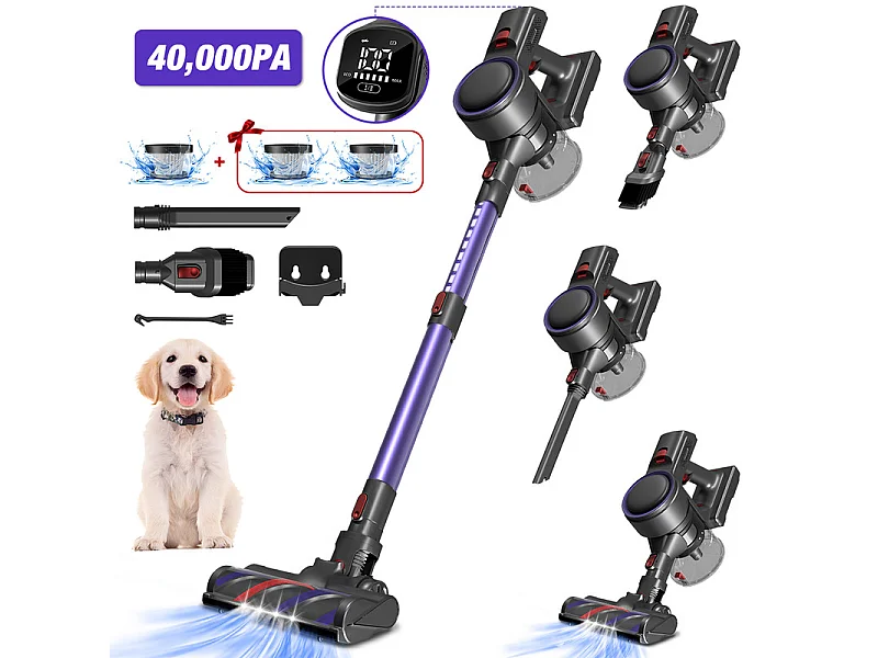 Aspirateur Balai 40,000Pa, 50min , Aspirateur Balai sans Fil 6 en 1 , Capacité 1.3L, Lumière LED, 3*Filtre HEPA H13 Lavable, Poils d'Animaux
