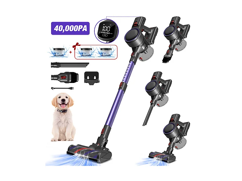 Aspirateur Balai 40,000Pa, 50min , Aspirateur Balai sans Fil 6 en 1 , Capacité 1.3L, Lumière LED, 3*Filtre HEPA H13 Lavable, Poils d'Animaux