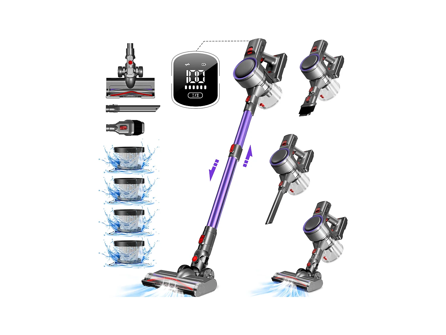 Aspirateur Balai, Aspirateur sans Fil 42KPA/420W, Autonomie 50 min, Lumière LED, 1.5L Capacite