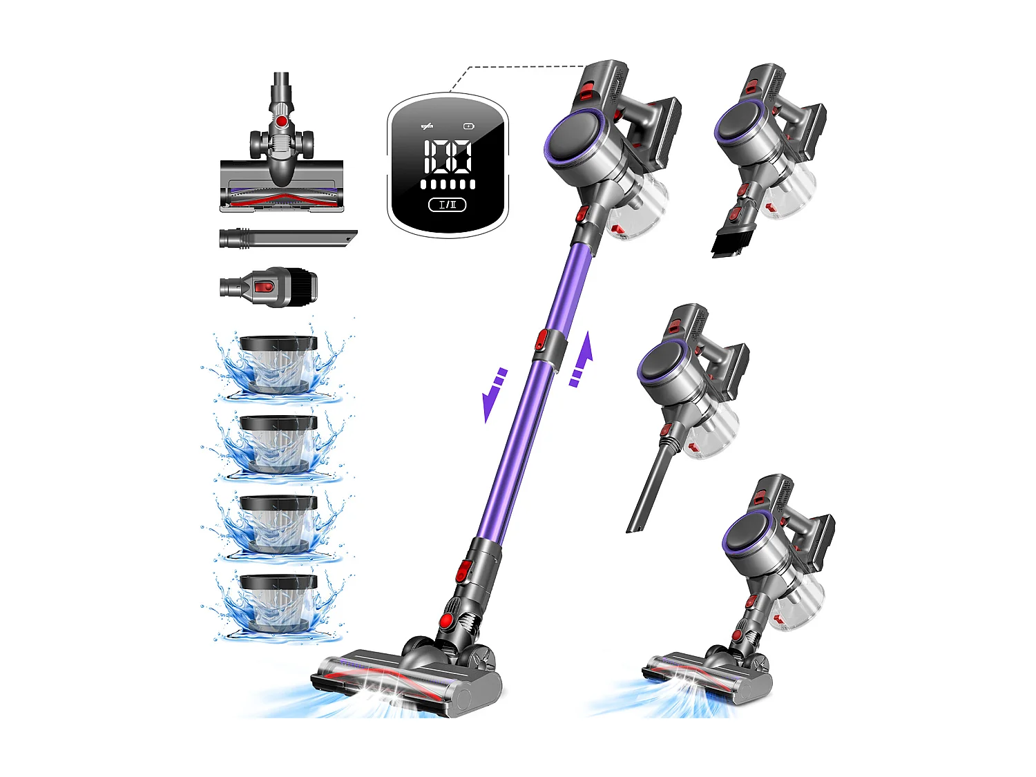 Aspirateur Balai, Aspirateur sans Fil 42KPA/420W, Autonomie 50 min, Lumière LED, 1.5L Capacite