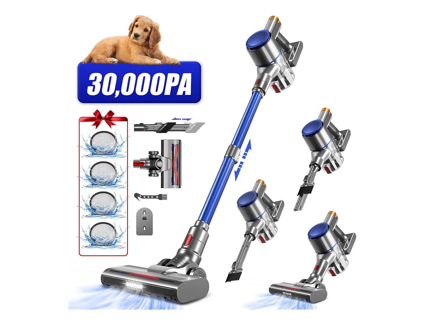 Aspirateur Balai 38000 PA,55min,Lumière LED,Capacité 1.3L,Batterie 2200mah*6,Poils d'Animaux