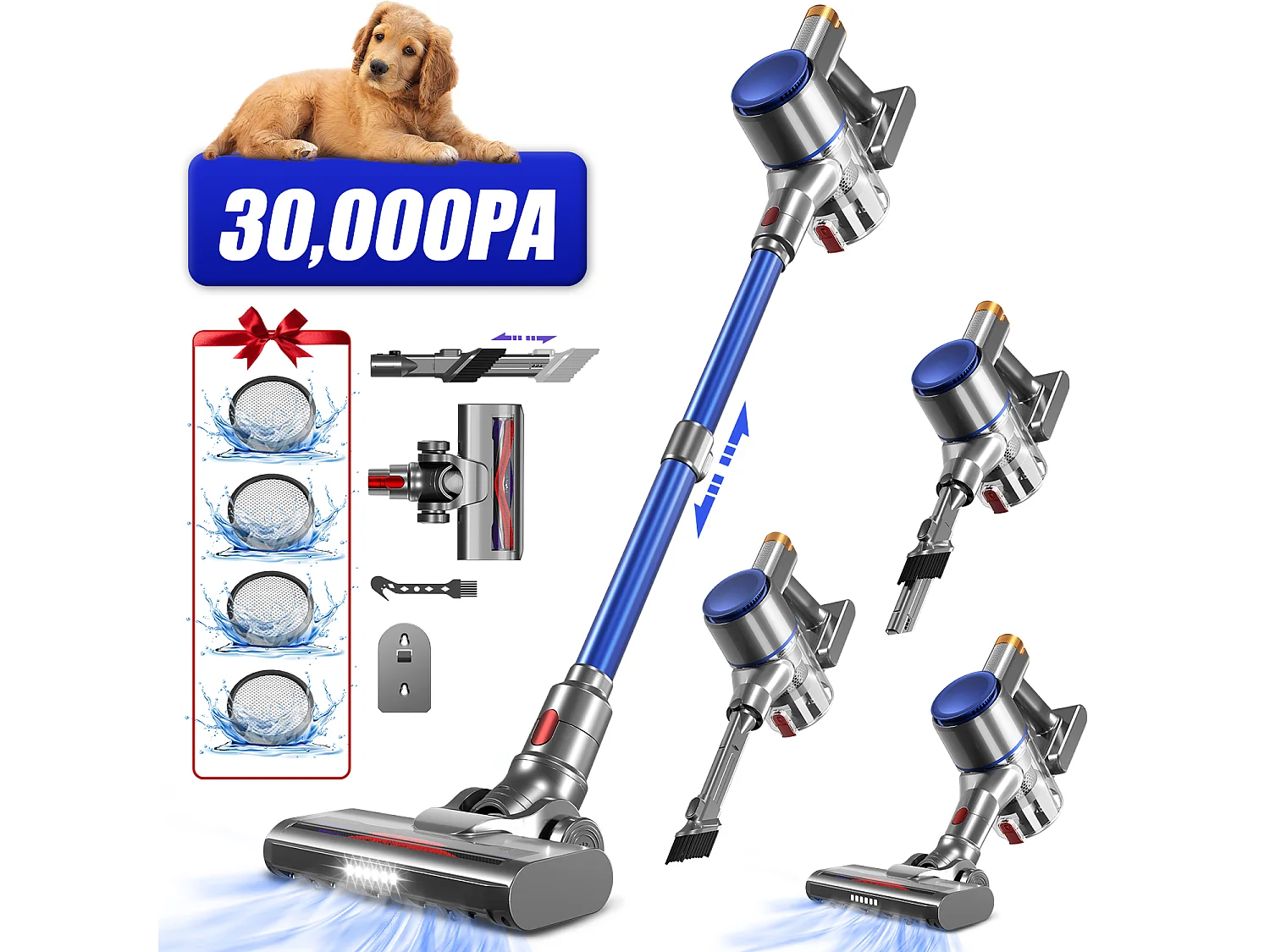 Aspirateur Balai 38000 PA,55min,Lumière LED,Capacité 1.3L,Batterie 2200mah*6,Poils d'Animaux