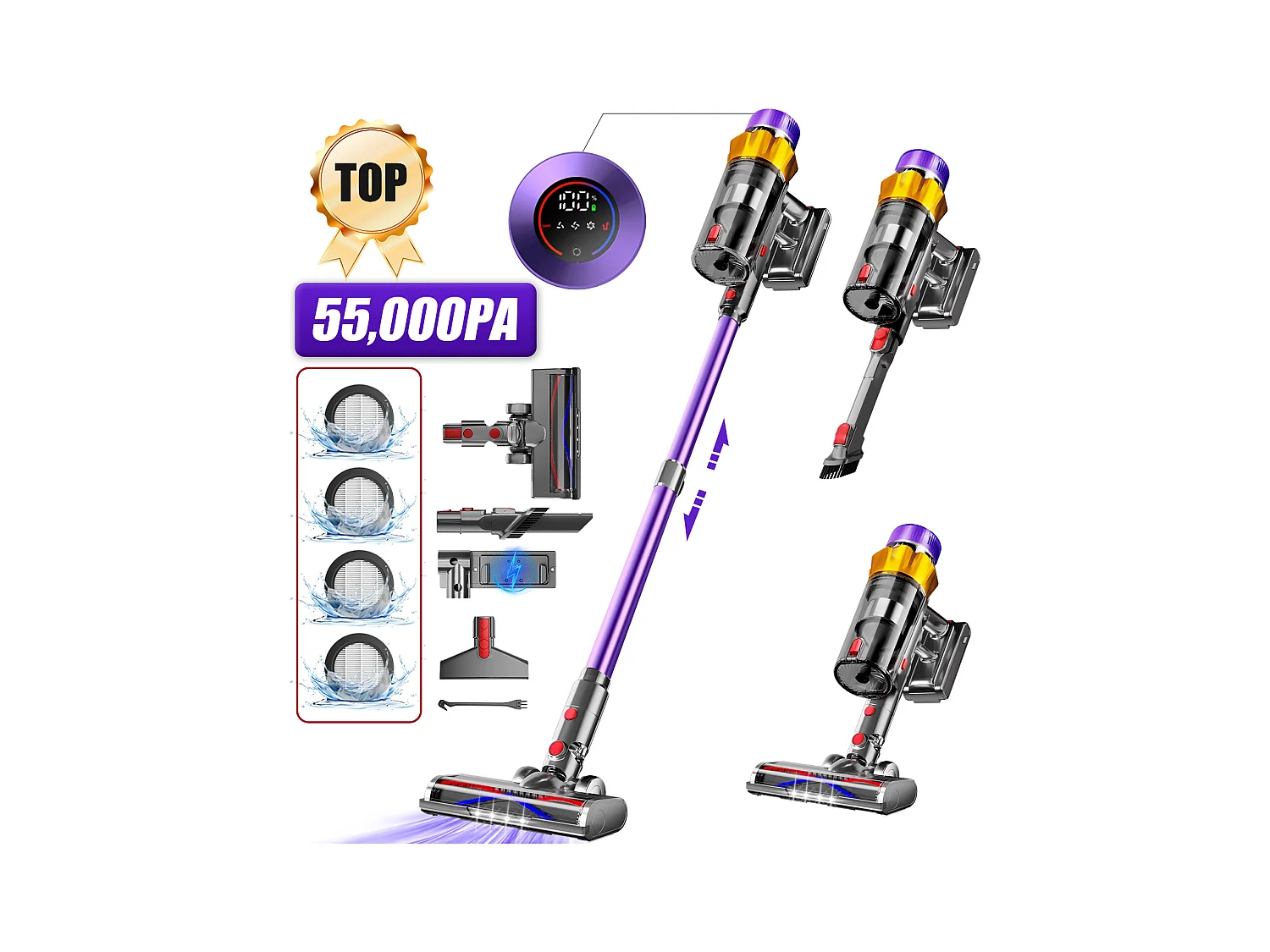 Aspirateur Balai sans fil, 55000Pa/550 W, Autonomie Jusqu'à 70 Min, 2200mAh, Grande Capacité de 1,8 L