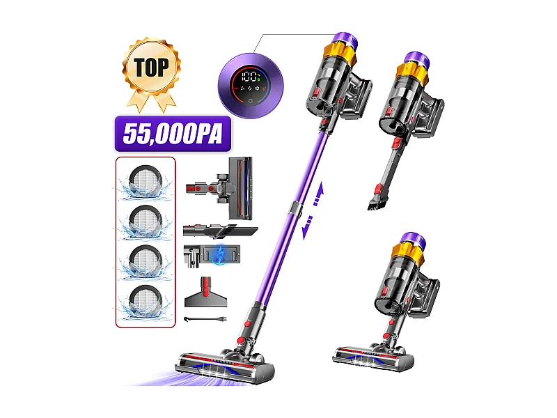 Aspirateur Balai sans fil, 55000Pa/550 W, Autonomie Jusqu'à 70 Min, 2200mAh, Grande Capacité de 1,8 L