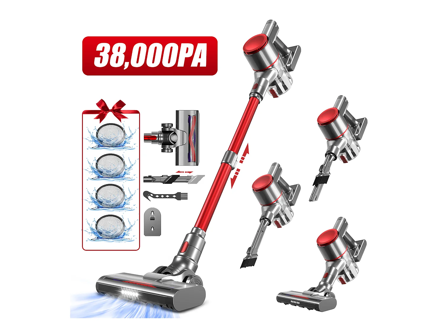 Aspirateur Balai 38000 PA,55min,Lumière LED,Aspirateur Balai sans Fil 3 en 1,Capacité 1.3L,Batterie 2200mah*6,Poils d'Animaux