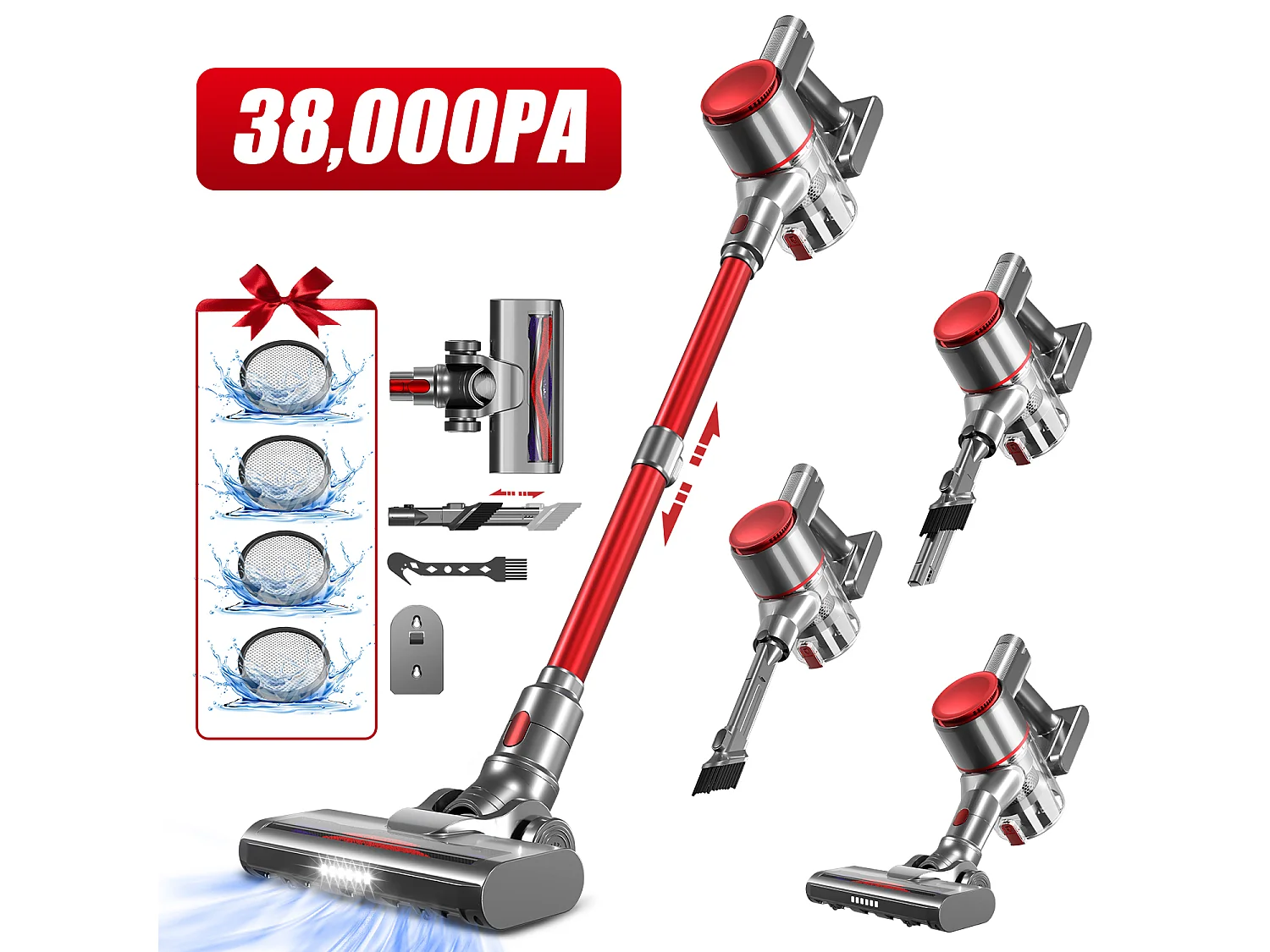 Aspirateur Balai 38000 PA,55min,Lumière LED,Aspirateur Balai sans Fil 3 en 1,Capacité 1.3L,Batterie 2200mah*6,Poils d'Animaux