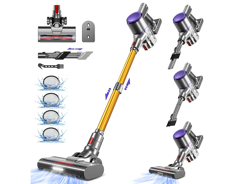 Aspirateur Balai 38000 PA,55min,Lumière LED,Aspirateur Balai sans Fil 3 en 1,Capacité 1.3L,Batterie 2200mah*6,Poils d'Animaux