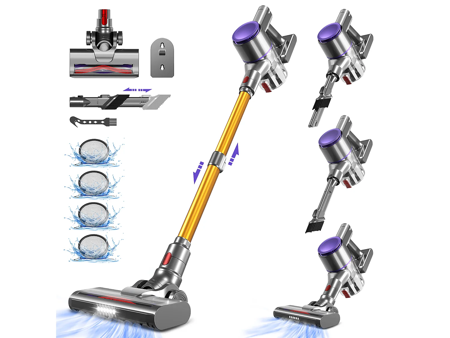 Aspirateur Balai 38000 PA,55min,Lumière LED,Aspirateur Balai sans Fil 3 en 1,Capacité 1.3L,Batterie 2200mah*6,Poils d'Animaux