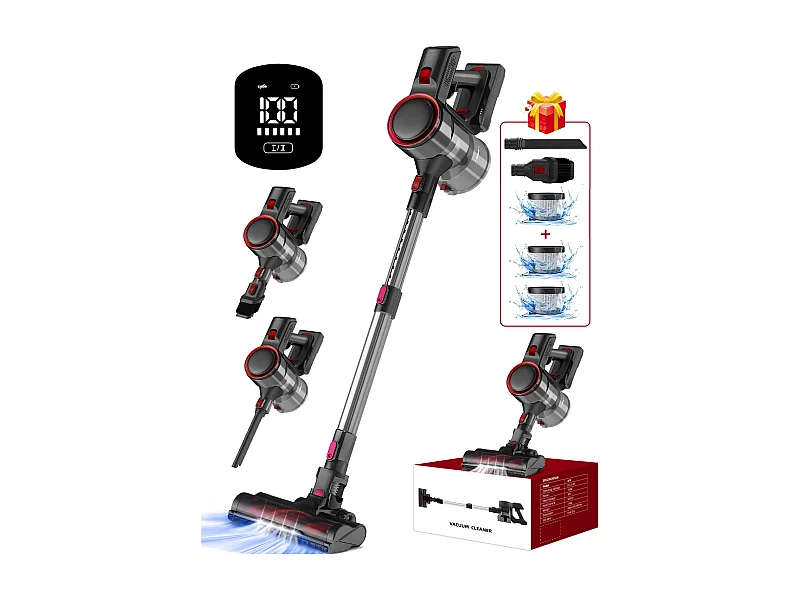 Aspirateur Balai 33000pa, Aspirateur Balai Puissant 250W, 50Min Autonomie, Aspirateur Balai Sans Fil 5 en 1, Capacité 1.2L, 3* Filtre lavable