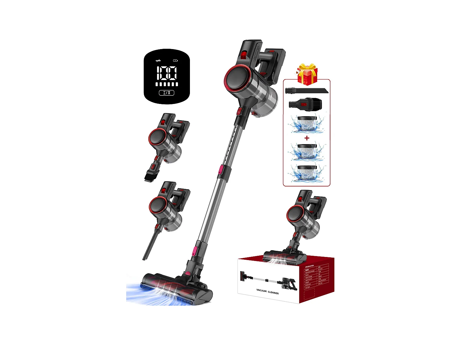 Aspirateur Balai 33000pa, Aspirateur Balai Puissant 250W, 50Min Autonomie, Aspirateur Balai Sans Fil 5 en 1, Capacité 1.2L, 3* Filtre lavable