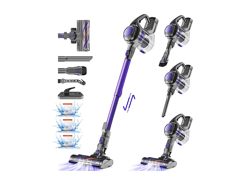 Aspirateur Balai 4000Pa/400W, 50min , Aspirateur Balai sans Fil 6 en 1 , Capacité 1.3L, Lumière LED, 3*Filtre HEPA H13 Lavable, Poils d'Animaux