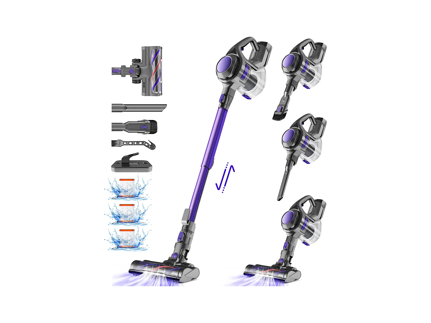 Aspirateur Balai 4000Pa/400W, 50min , Aspirateur Balai sans Fil 6 en 1 , Capacité 1.3L, Lumière LED, 3*Filtre HEPA H13 Lavable, Poils d'Animaux