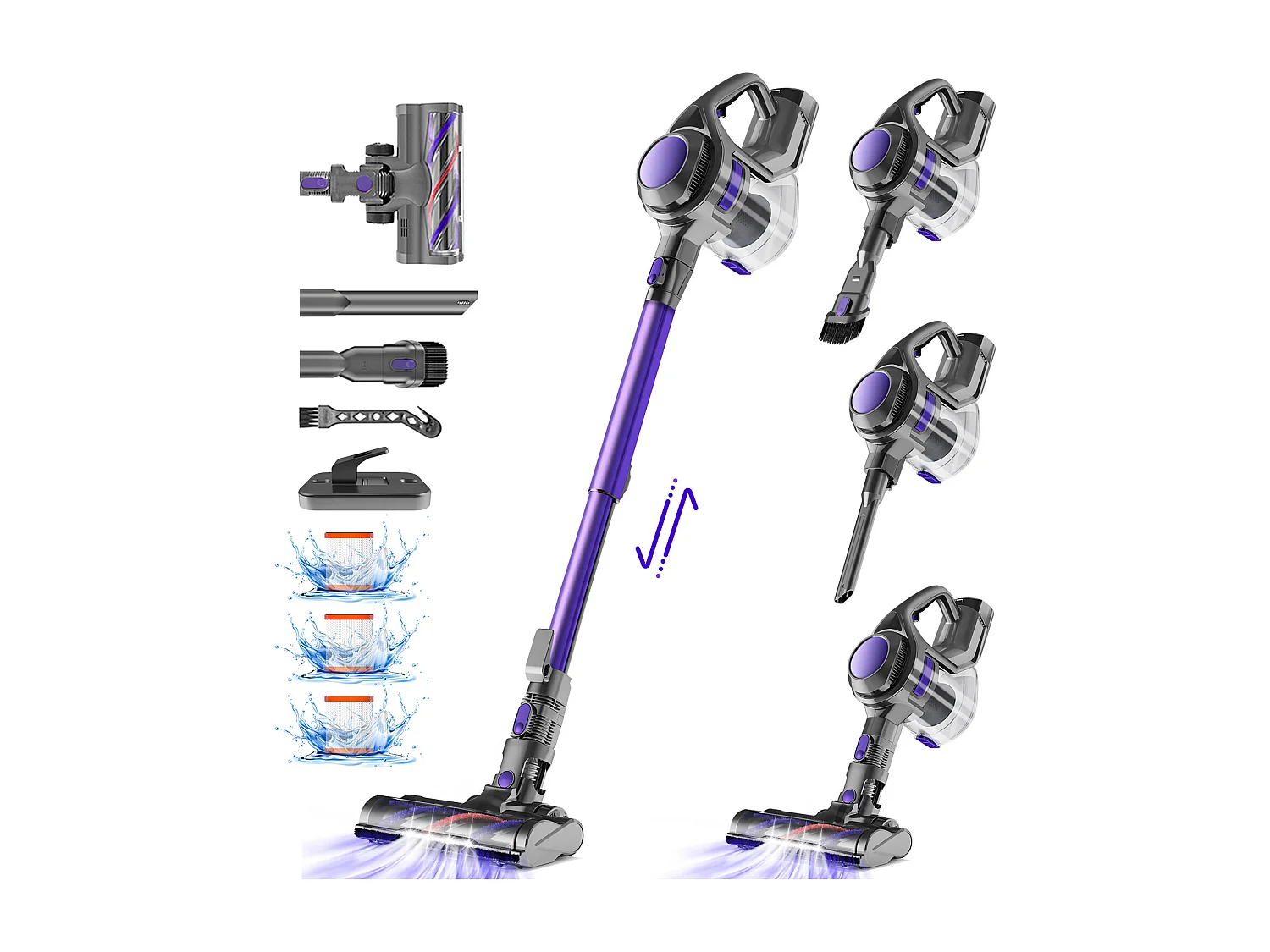 Aspirateur Balai 4000Pa/400W, 50min , Aspirateur Balai sans Fil 6 en 1 , Capacité 1.3L, Lumière LED, 3*Filtre HEPA H13 Lavable, Poils d'Animaux