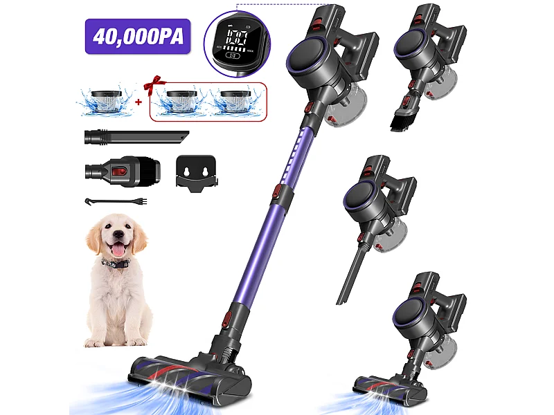 Aspirateur Balai 40,000Pa, 50min , Aspirateur Balai sans Fil 6 en 1 , Capacité 1.3L, Lumière LED, 3*Filtre HEPA H13 Lavable, Poils d'Animaux