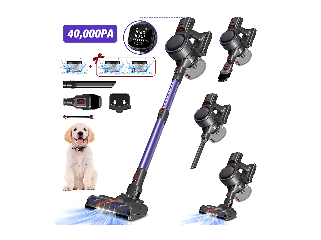 Aspirateur Balai 40,000Pa, 50min , Aspirateur Balai sans Fil 6 en 1 , Capacité 1.3L, Lumière LED, 3*Filtre HEPA H13 Lavable, Poils d'Animaux