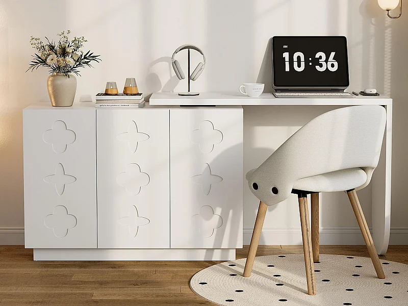 Coiffeuse rotative rétractable - bureau en L - avec 3 portes - Étagères réglables - Blanc