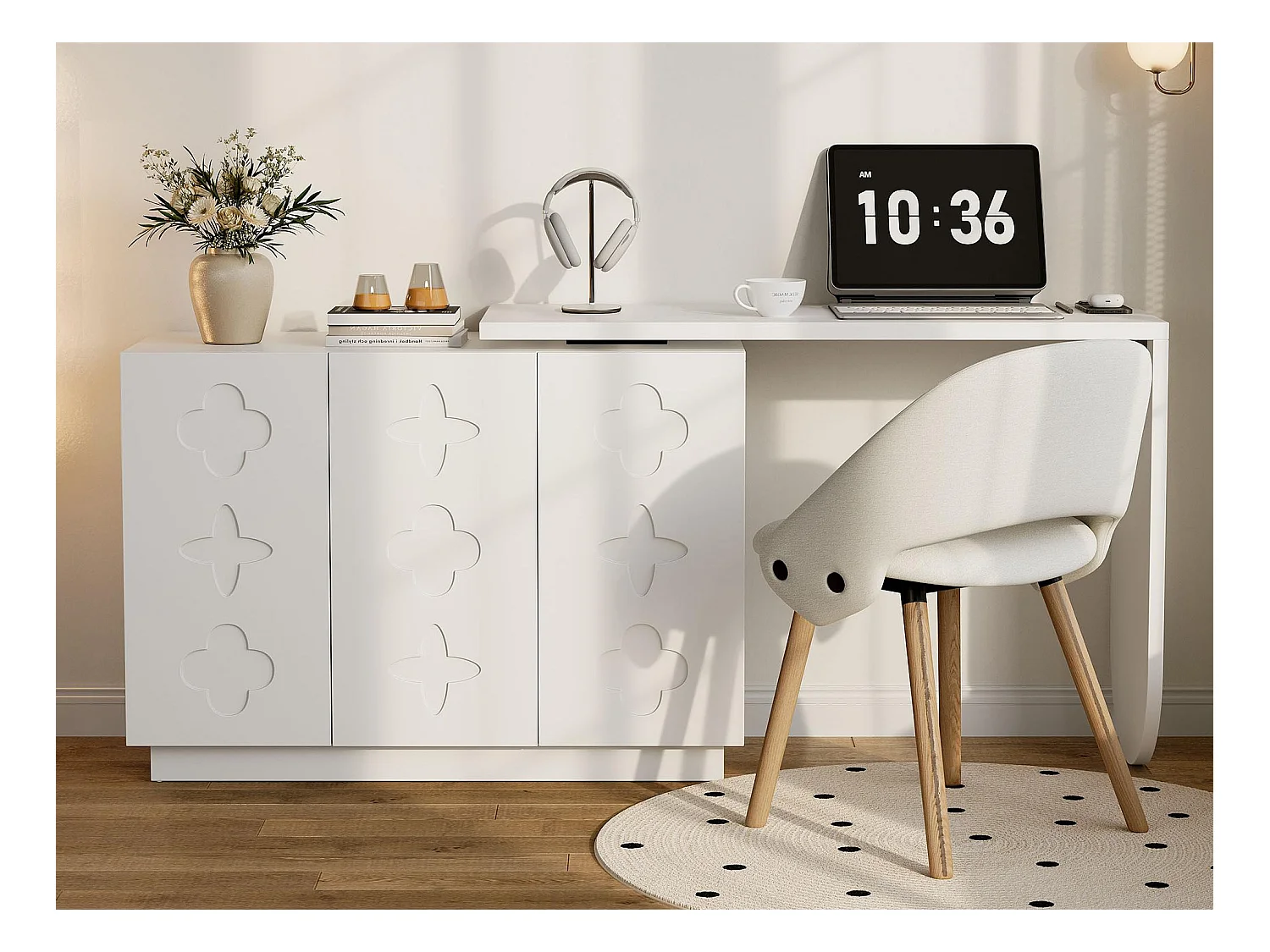 Coiffeuse rotative rétractable - bureau en L - avec 3 portes - Étagères réglables - Blanc