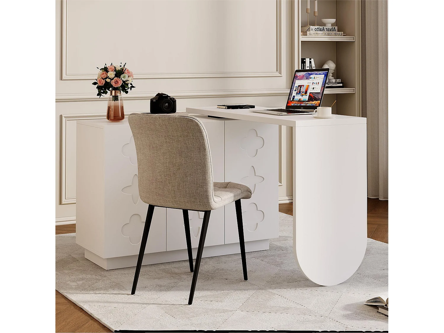 Dreh- und ausziehbarer Schminktisch - L-förmiger Schreibtisch - mit 3 Türen - Verstellbare Regale - Weiß