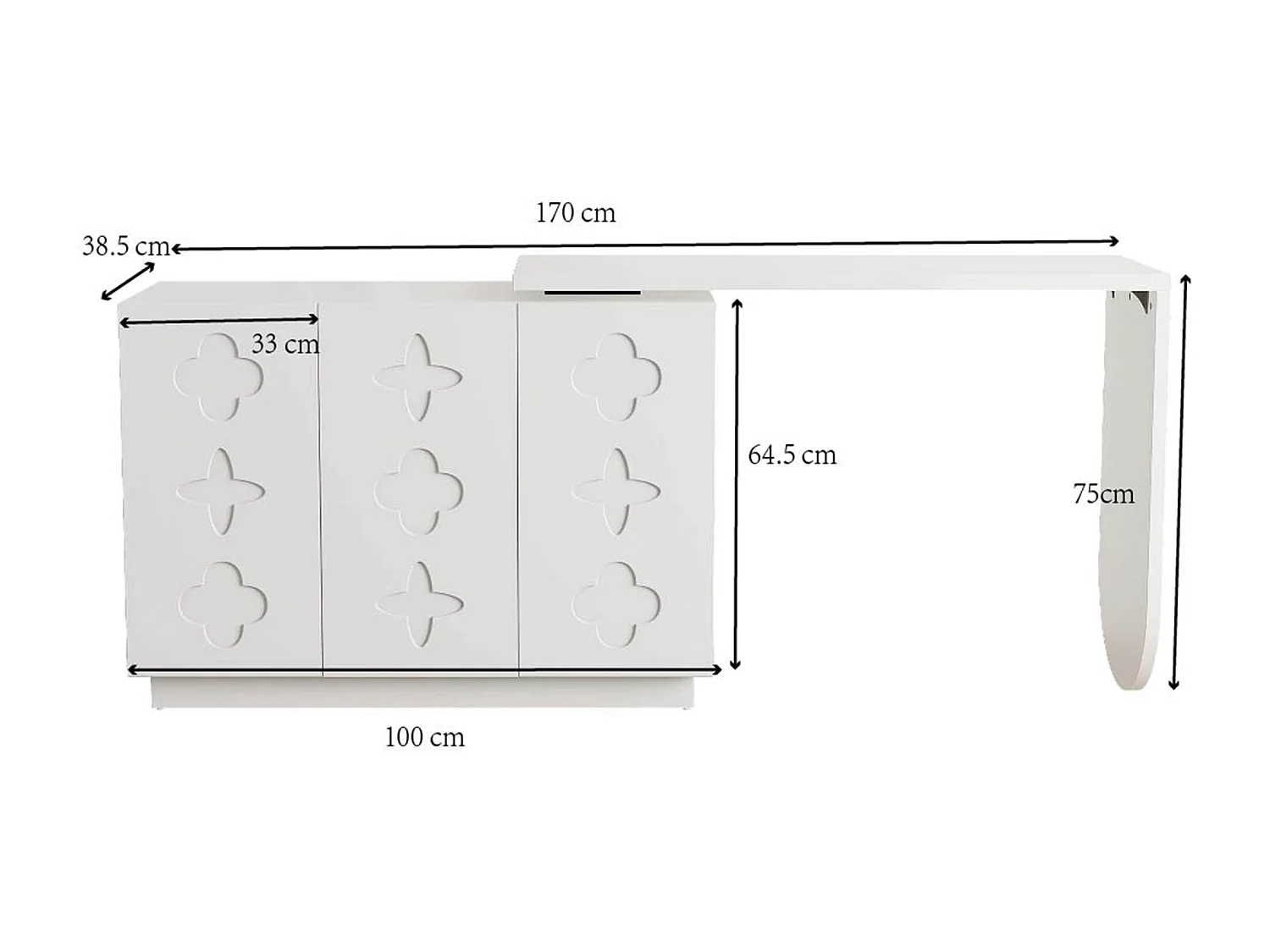 Dreh- und ausziehbarer Schminktisch - L-förmiger Schreibtisch - mit 3 Türen - Verstellbare Regale - Weiß