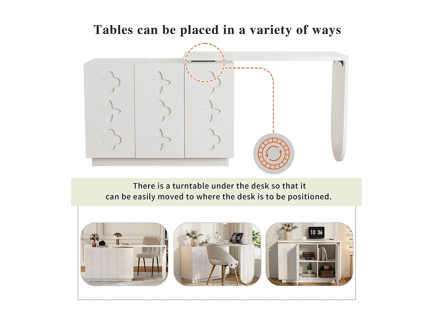 Dreh- und ausziehbarer Schminktisch - L-förmiger Schreibtisch - mit 3 Türen - Verstellbare Regale - Weiß