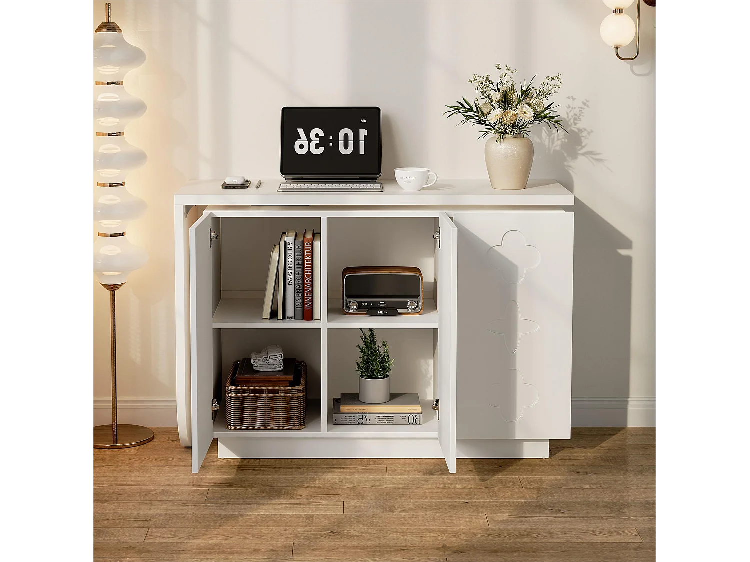 Coiffeuse rotative rétractable - bureau en L - avec 3 portes - Étagères réglables - Blanc