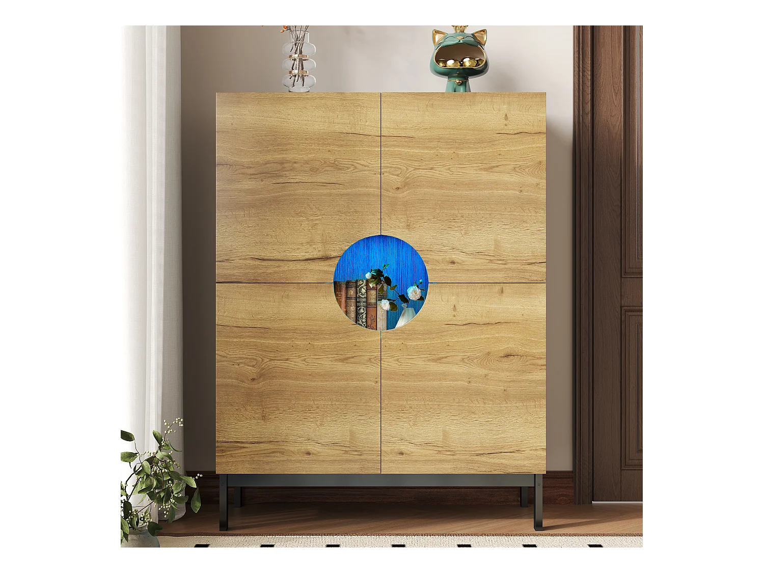 Meuble à chaussures 90x40x120cm - avec 4 portes - avec éclairage LED - pieds en bois massif - naturel