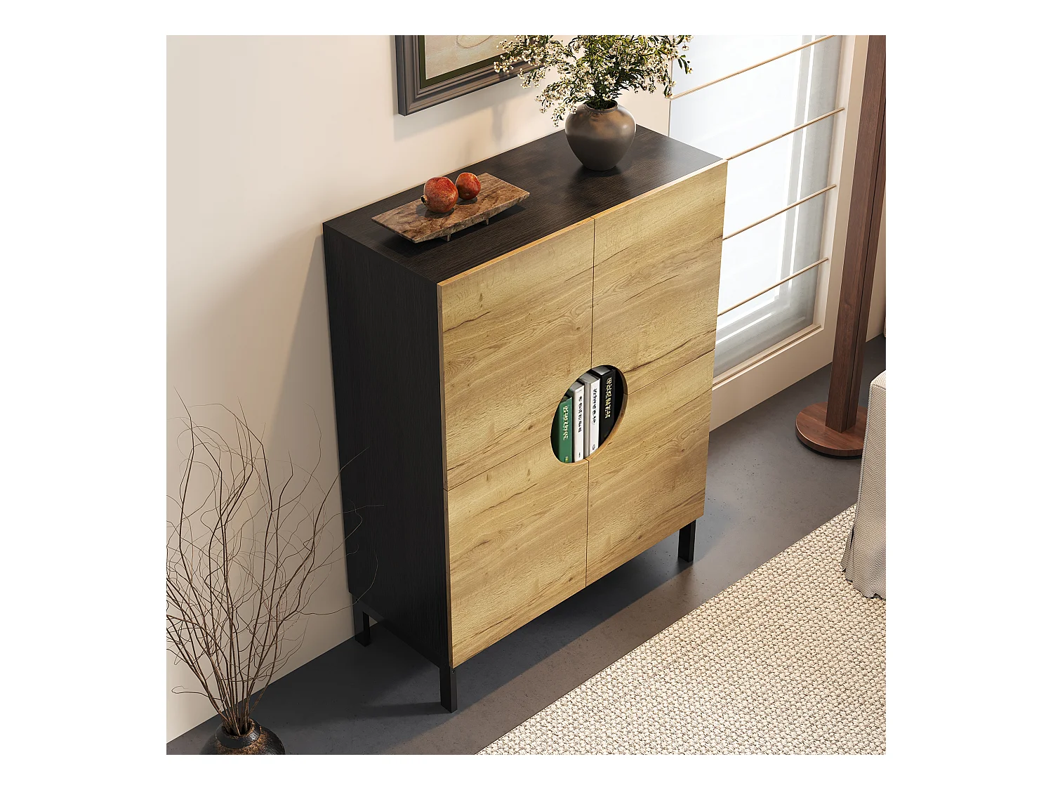 Meuble à chaussures 90x40x120cm - avec 4 portes - avec éclairage LED - pieds en bois massif - naturel