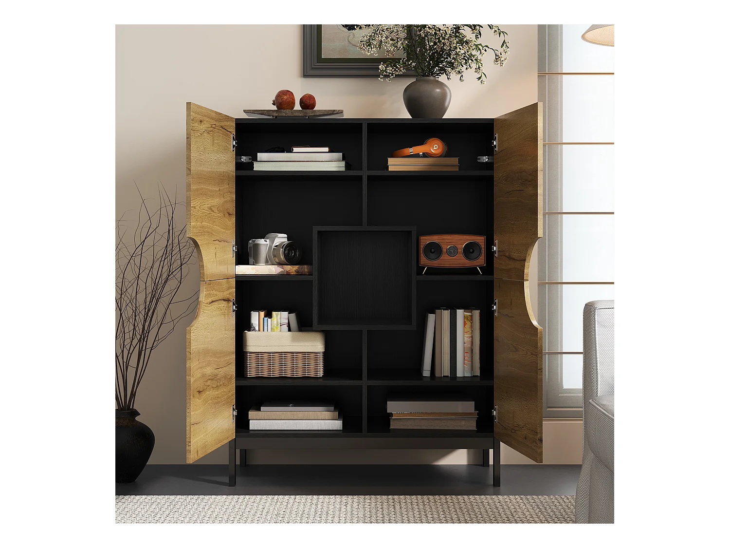 Meuble à chaussures 90x40x120cm - avec 4 portes - avec éclairage LED - pieds en bois massif - naturel