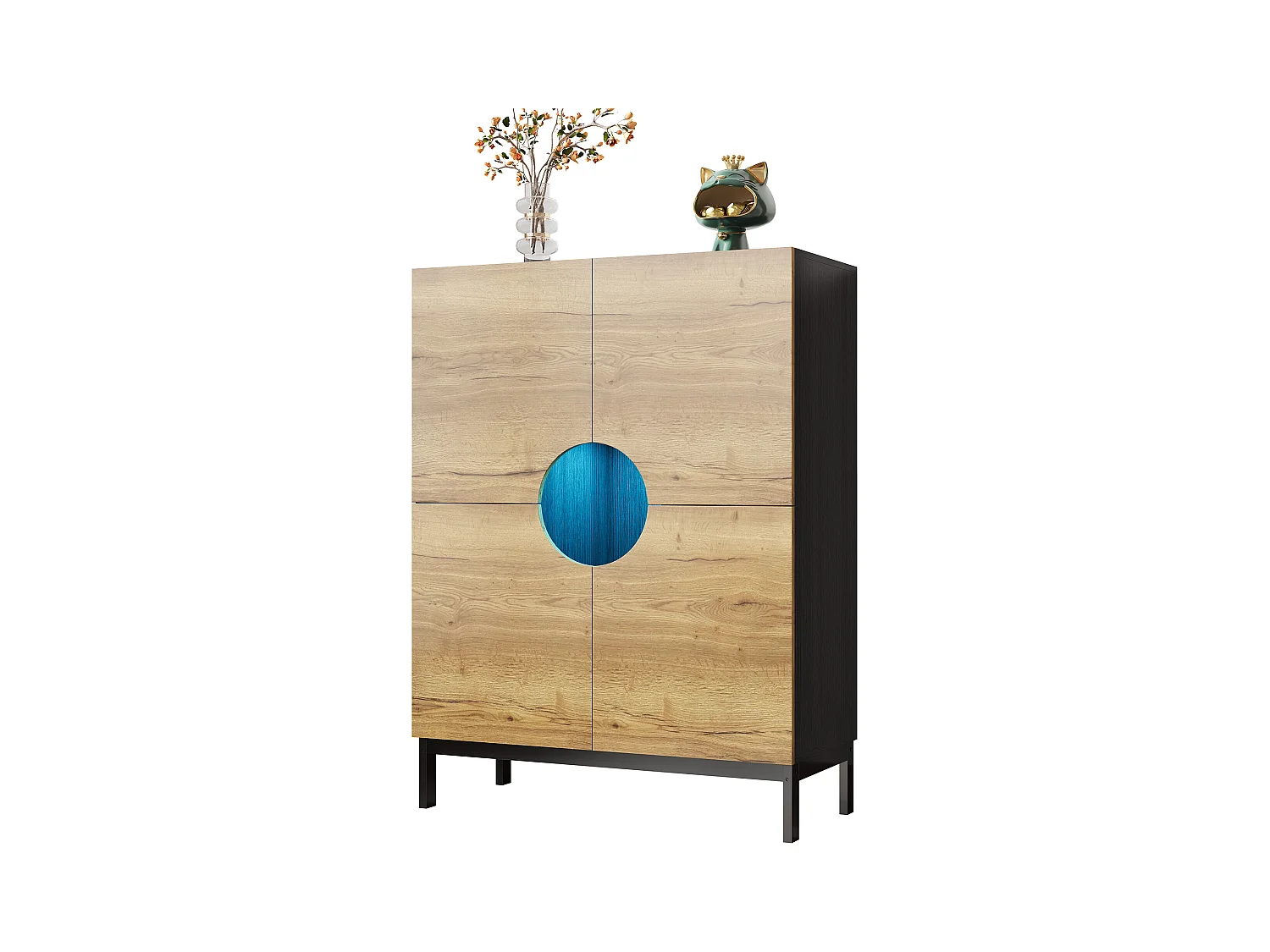 Meuble à chaussures 90x40x120cm - avec 4 portes - avec éclairage LED - pieds en bois massif - naturel