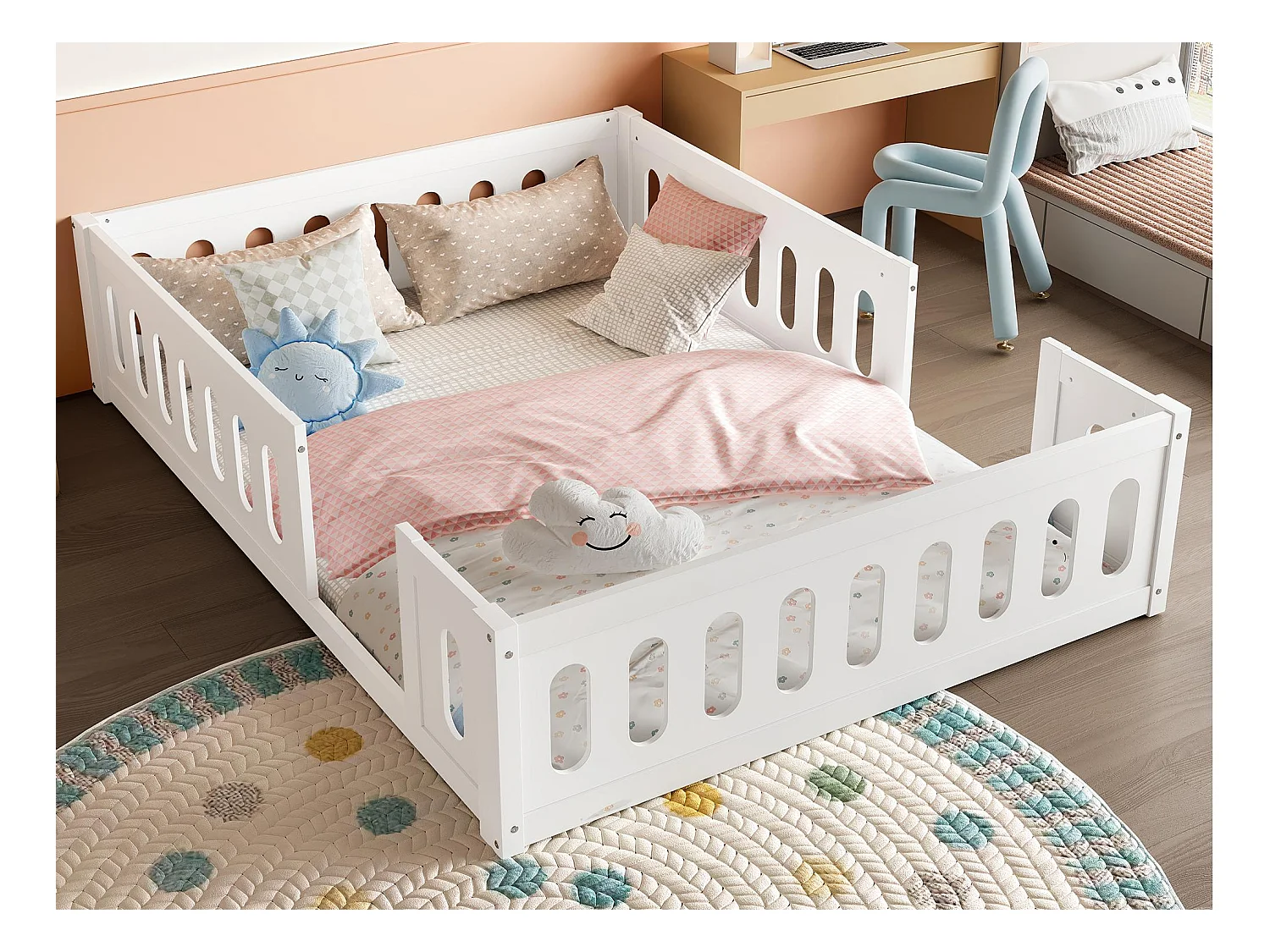 Lit enfant en bois 140x200 cm - avec barrières - MDF + bois massif - Blanc (matelas non inclus)