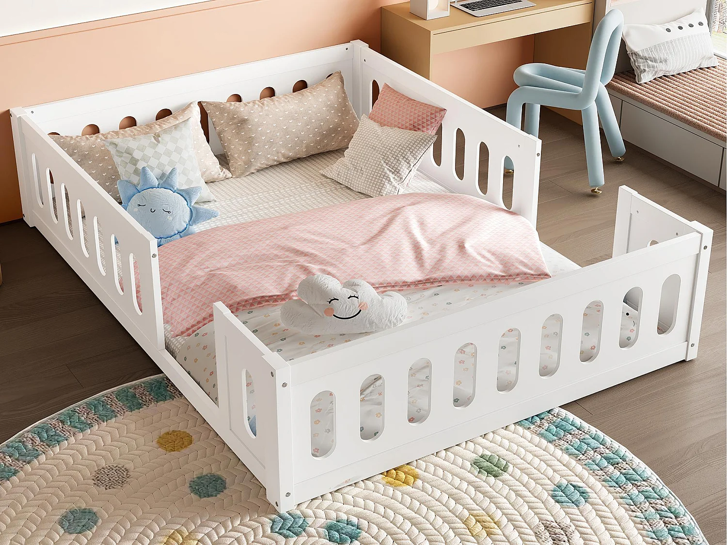 Letto bambino in legno 140x200 cm - con spondine - MDF + legno massello - Bianco (materasso non incluso)