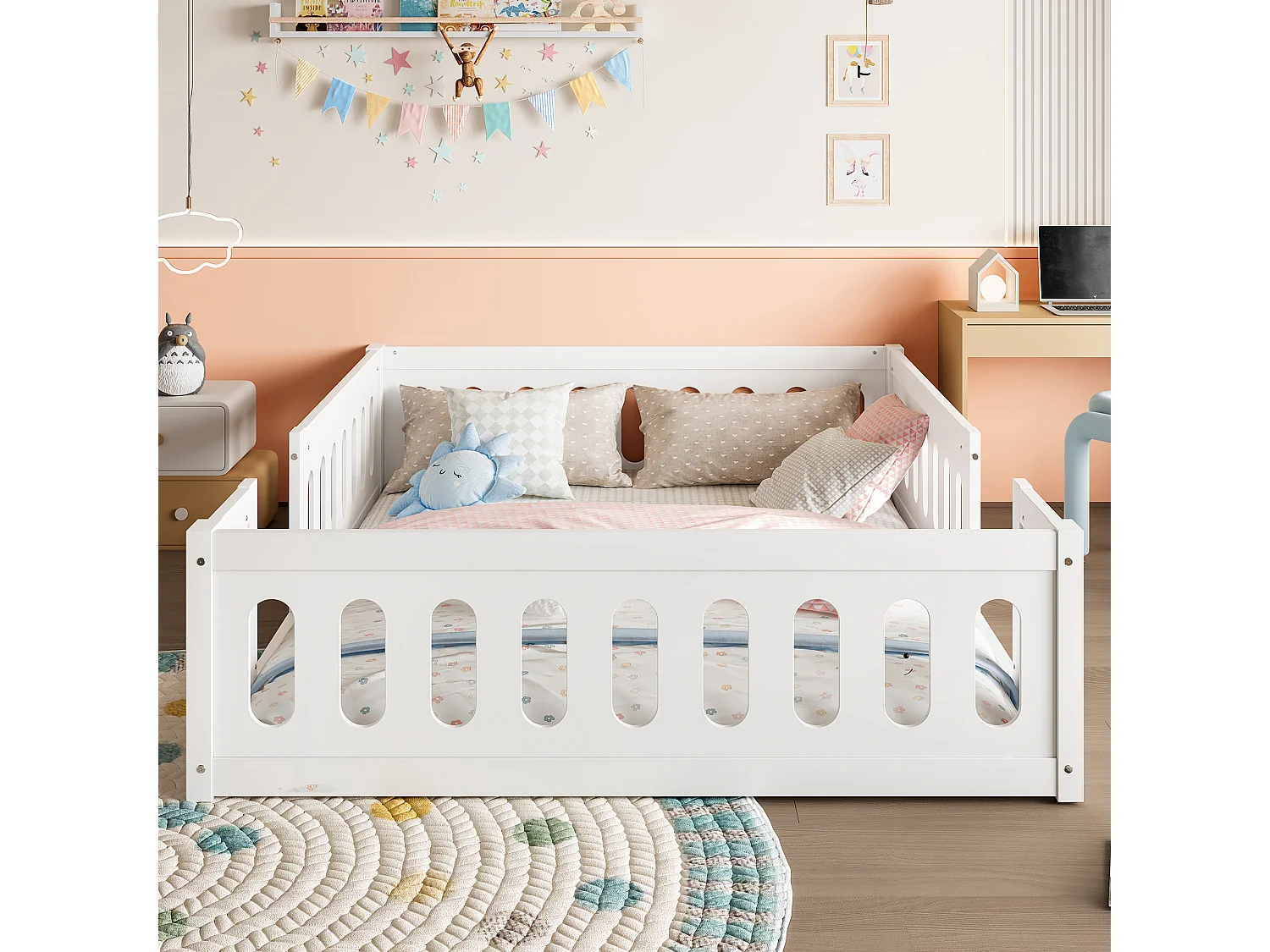 Letto bambino in legno 140x200 cm - con spondine - MDF + legno massello - Bianco (materasso non incluso)