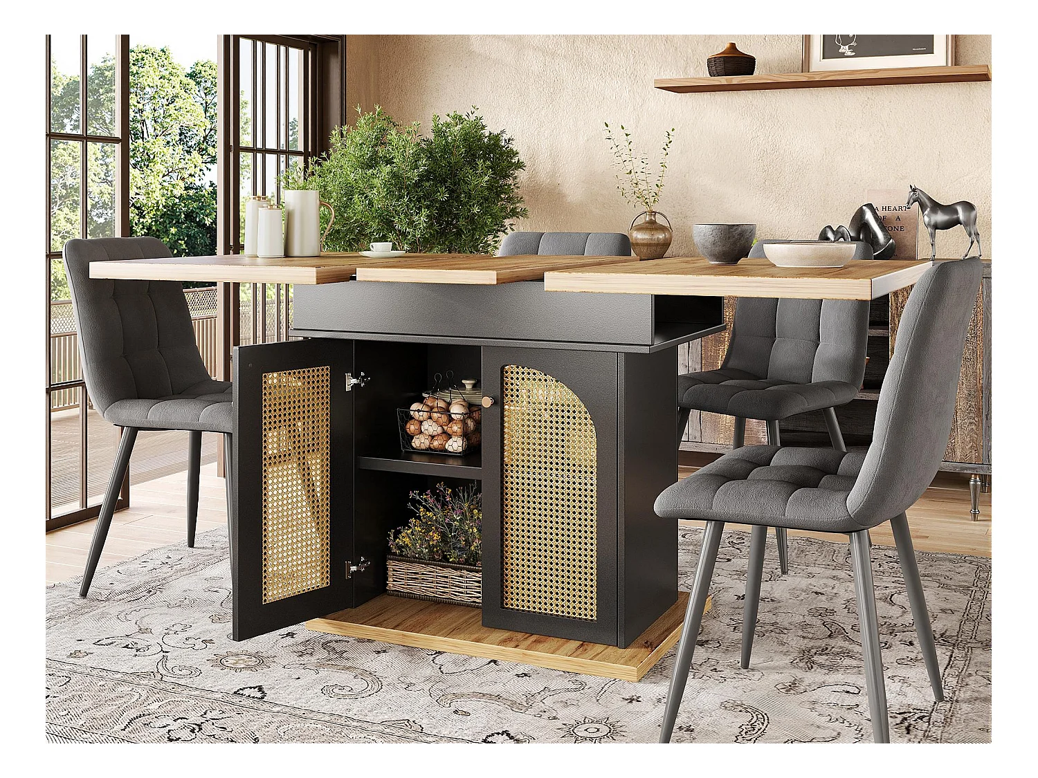 Table à manger extensible 110-140×80cm - 4-6 personnes - 2 portes en rotin PE - style rétro - Noir + Naturel