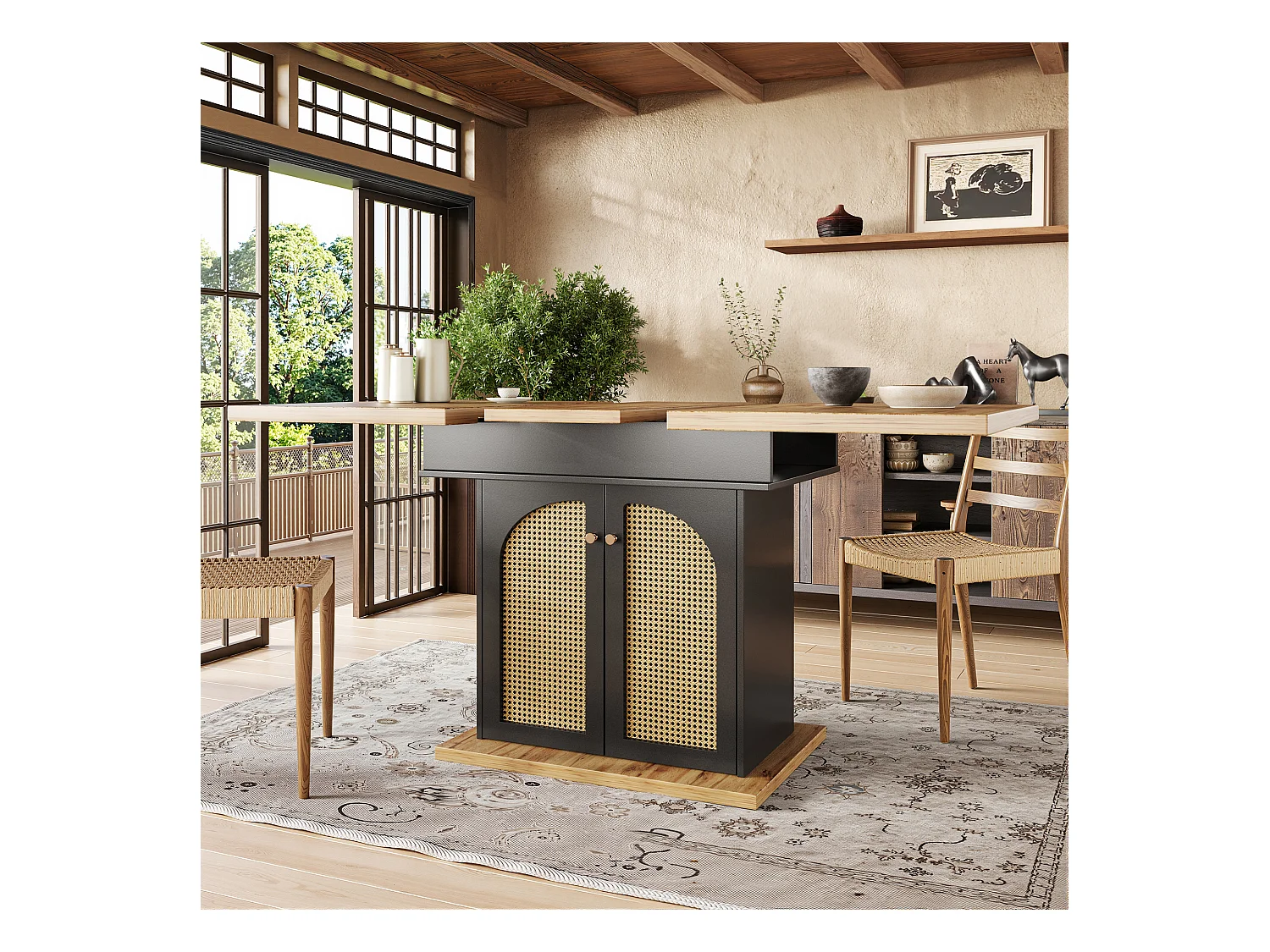 Table à manger extensible 110-140×80cm - 4-6 personnes - 2 portes en rotin PE - style rétro - Noir + Naturel