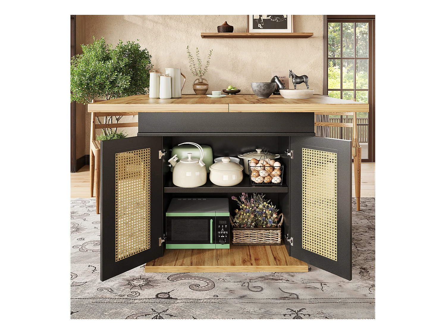 Table à manger extensible 110-140×80cm - 4-6 personnes - 2 portes en rotin PE - style rétro - Noir + Naturel