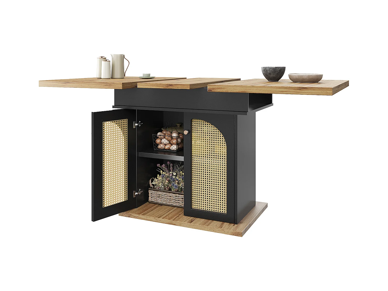 Table à manger extensible 110-140×80cm - 4-6 personnes - 2 portes en rotin PE - style rétro - Noir + Naturel