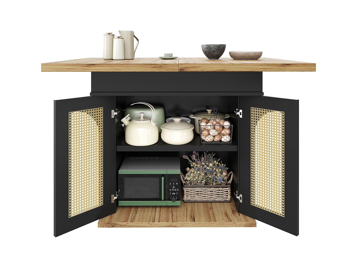 Table à manger extensible 110-140×80cm - 4-6 personnes - 2 portes en rotin PE - style rétro - Noir + Naturel