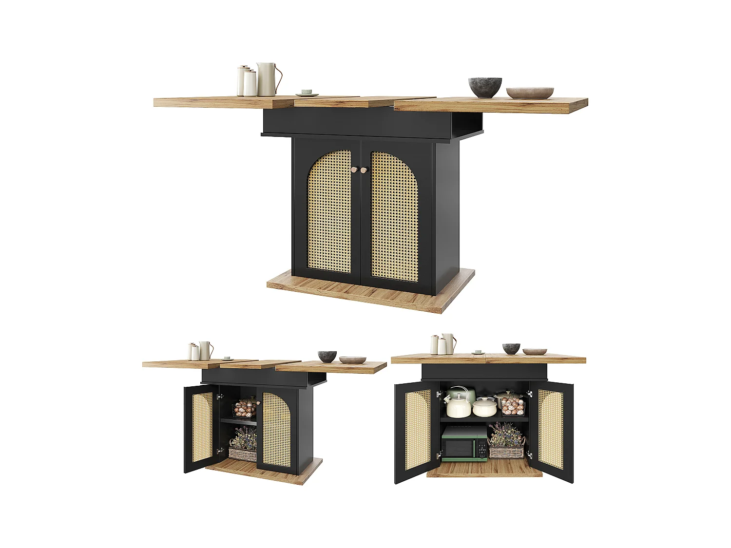 Table à manger extensible 110-140×80cm - 4-6 personnes - 2 portes en rotin PE - style rétro - Noir + Naturel