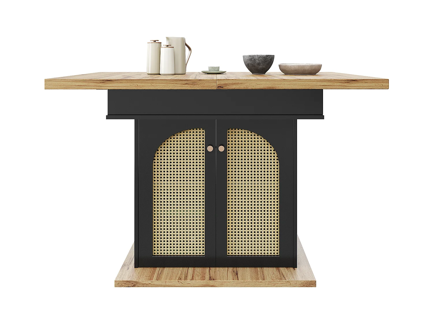 Table à manger extensible 110-140×80cm - 4-6 personnes - 2 portes en rotin PE - style rétro - Noir + Naturel