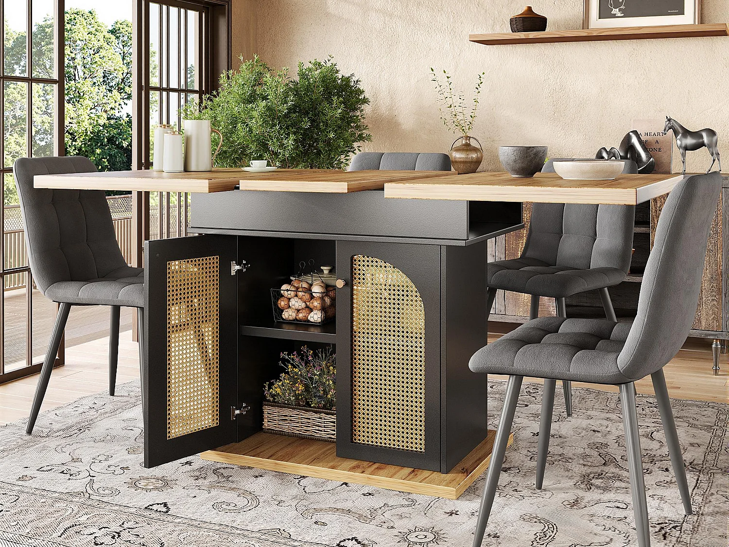 Ausziehbarer Esstisch 110-140×80cm - 4-6 Personen - 2 Türen aus PE-Rattan - Retro-Stil - Schwarz + Natur