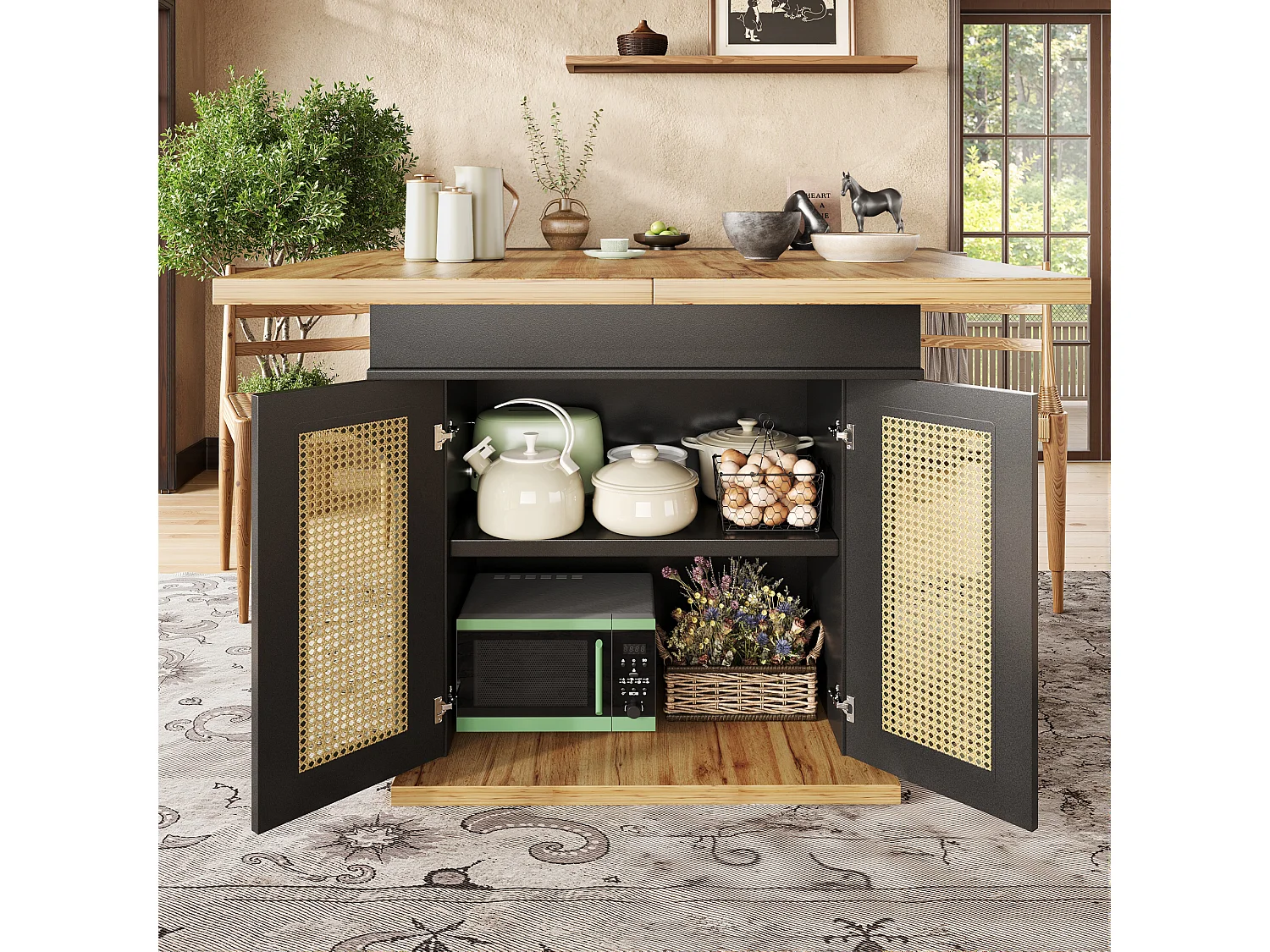 Ausziehbarer Esstisch 110-140×80cm - 4-6 Personen - 2 Türen aus PE-Rattan - Retro-Stil - Schwarz + Natur