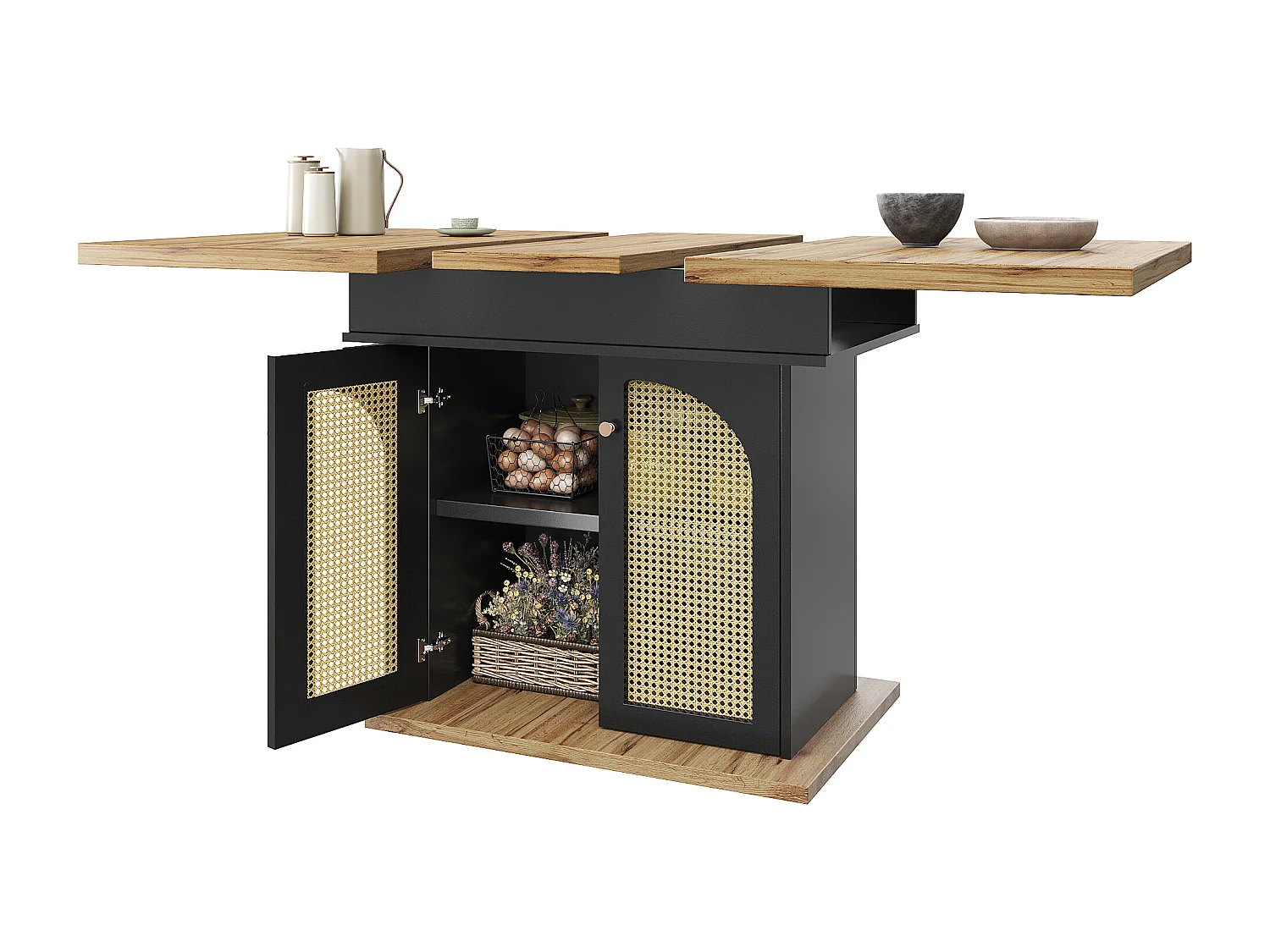 Ausziehbarer Esstisch 110-140×80cm - 4-6 Personen - 2 Türen aus PE-Rattan - Retro-Stil - Schwarz + Natur