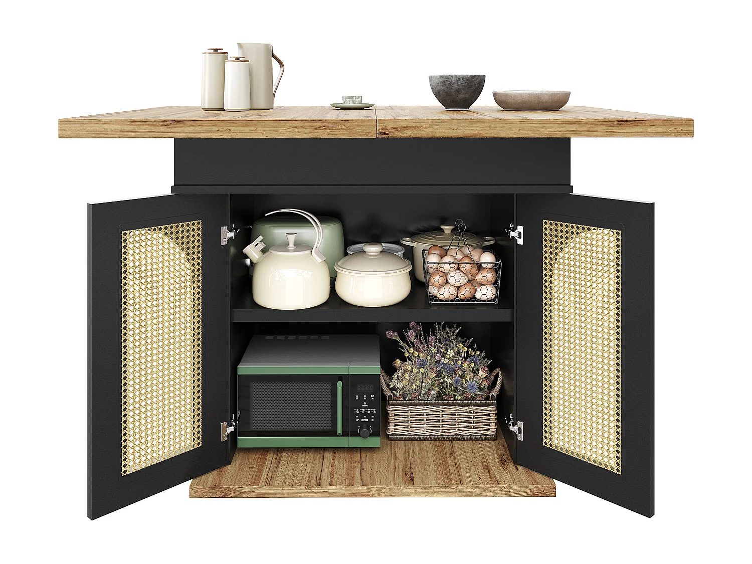 Ausziehbarer Esstisch 110-140×80cm - 4-6 Personen - 2 Türen aus PE-Rattan - Retro-Stil - Schwarz + Natur