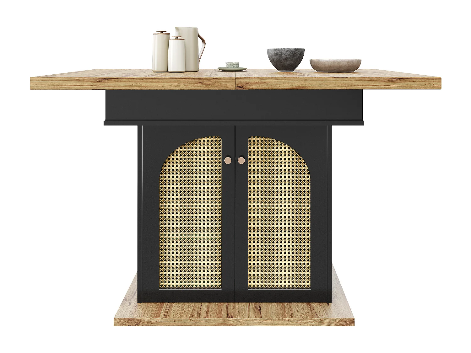 Ausziehbarer Esstisch 110-140×80cm - 4-6 Personen - 2 Türen aus PE-Rattan - Retro-Stil - Schwarz + Natur