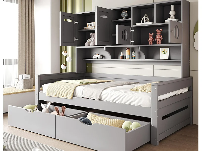 Schlafsofa aus Holz 90x200 cm - mit 2 Schubladen - mit mehreren Regalbrettern - mit Lattenrost - grau (Matratze nicht im Lieferumfang enthalten)